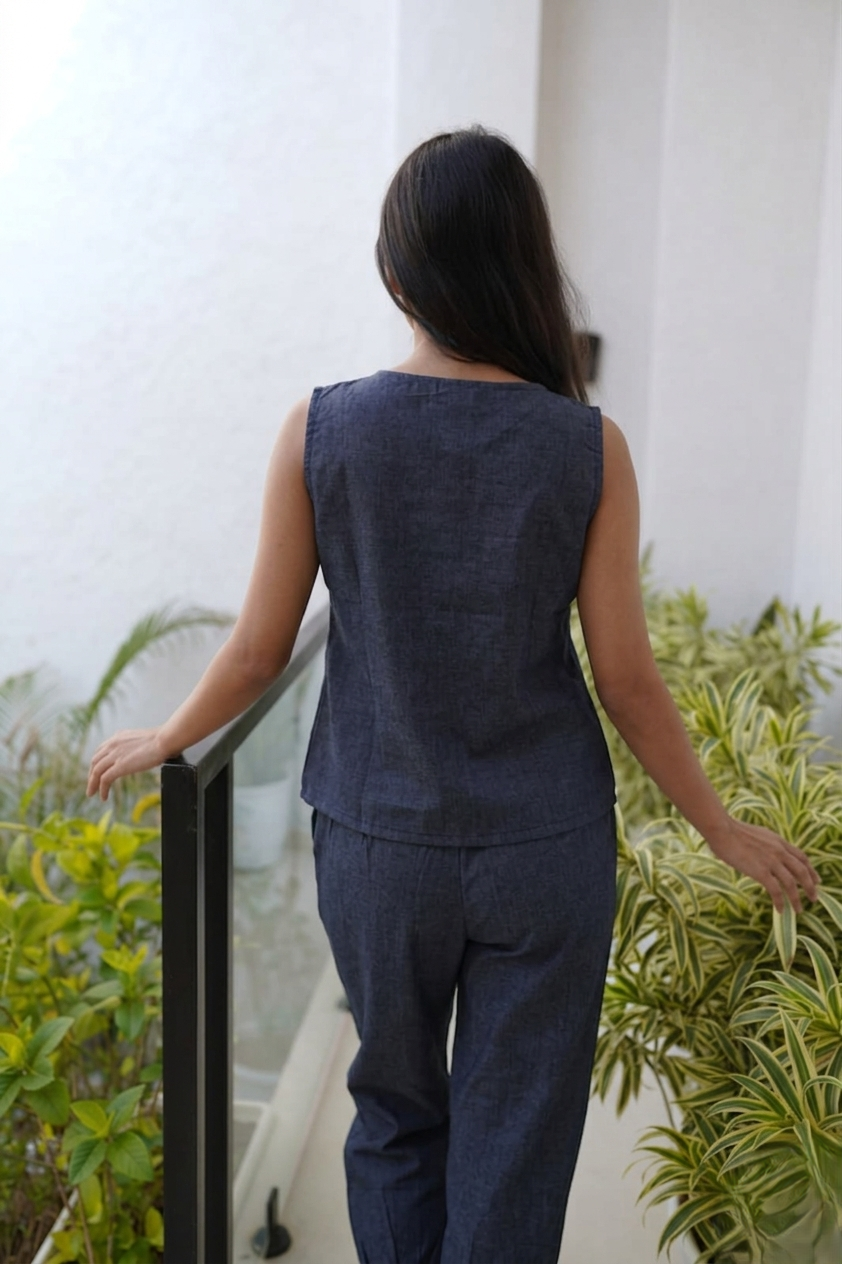Women's Navy Blue Denim Co-ord Set – Sleeveless V-Neck Button-Down Top & Jogger-Style Trousers