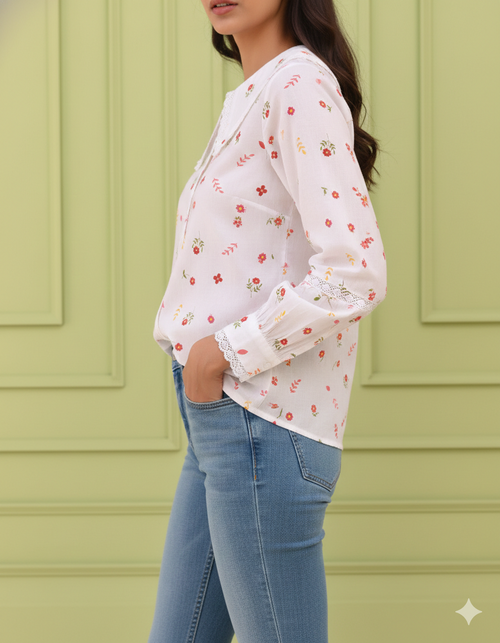Floral Printed Baby Collar Shirt with Lace detailing at Collar and Sleeve