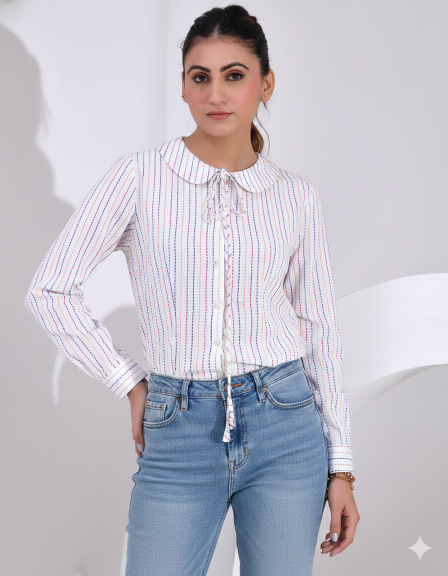 Baby Collar Full Shirt in White Stitching Detailed Fabric