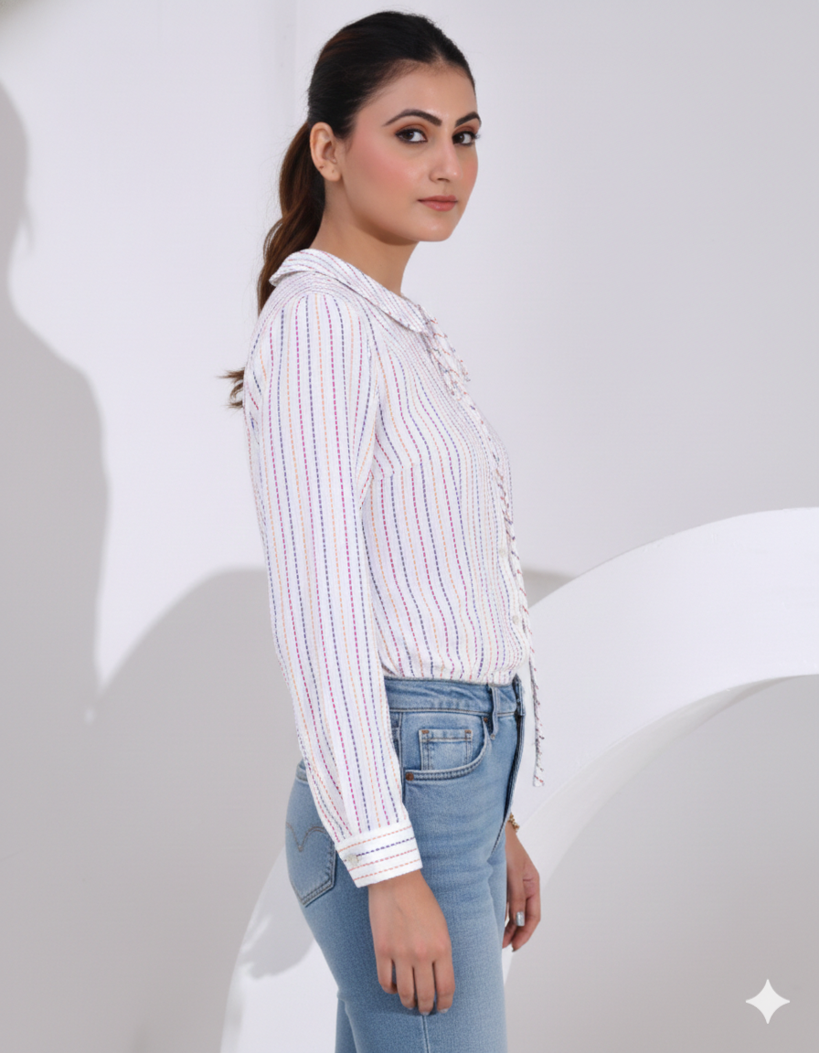 Baby Collar Full Shirt in White Stitching Detailed Fabric