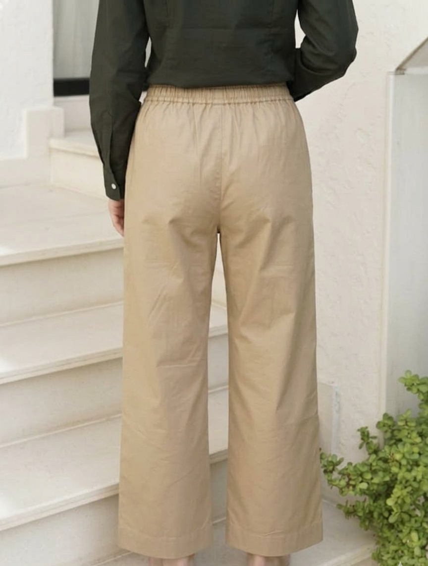 Women's High-Waist Cotton Straight-Leg Trousers with Elastic Drawstring Waist – Khaki/Beige