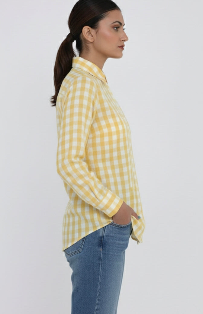 Women's Cotton Checks Shirt in Yellow and Blue