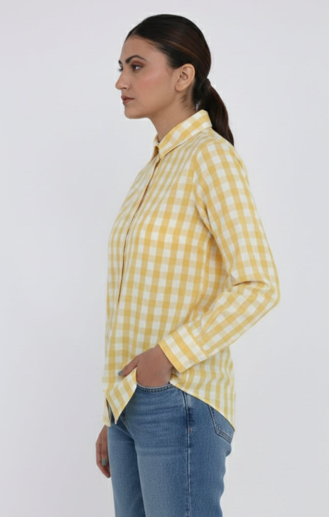 Women's Cotton Checks Shirt in Yellow and Blue