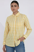 Women's Cotton Checks Shirt in Yellow and Blue