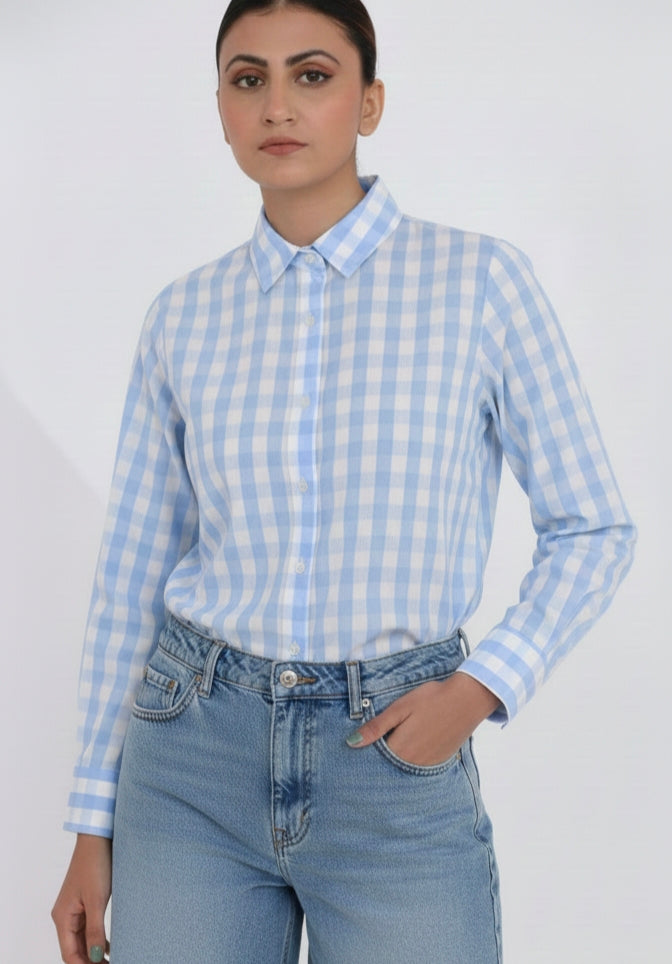 Women's Cotton Checks Shirt in Yellow and Blue