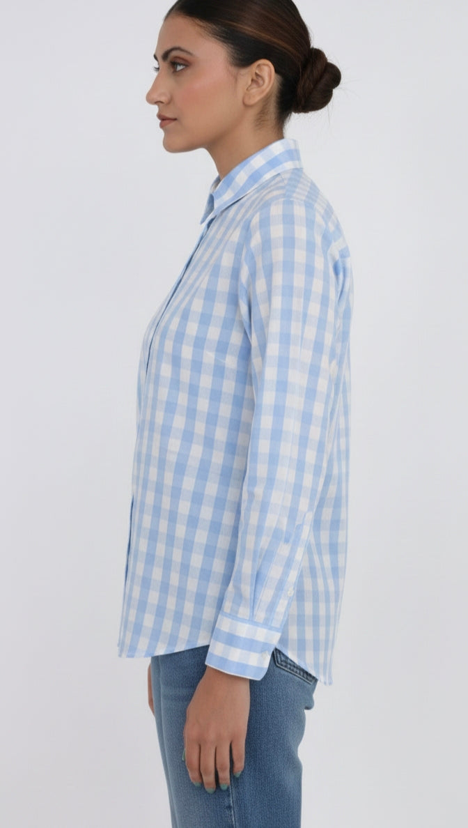 Women's Cotton Checks Shirt in Yellow and Blue