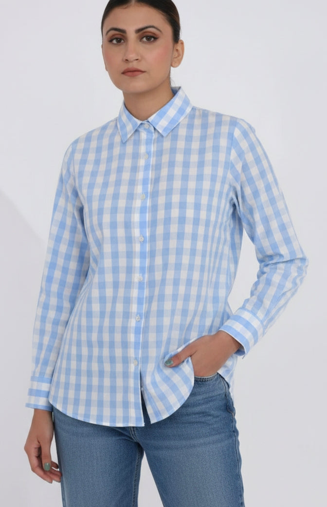 Women's Cotton Checks Shirt in Yellow and Blue