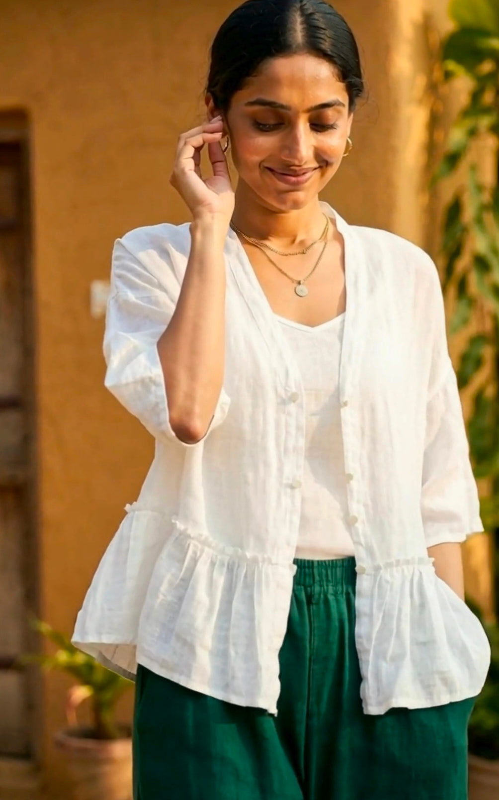 White Pure Linen Shoulder Down Women's Top