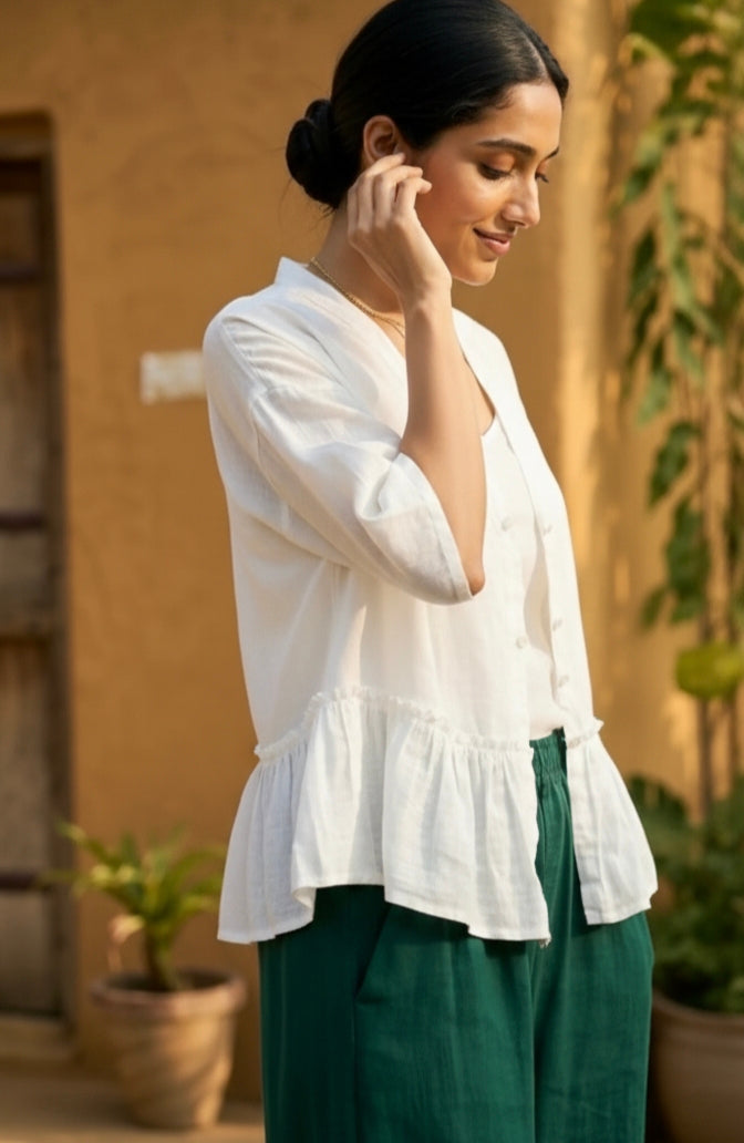 White Pure Linen Shoulder Down Women's Top