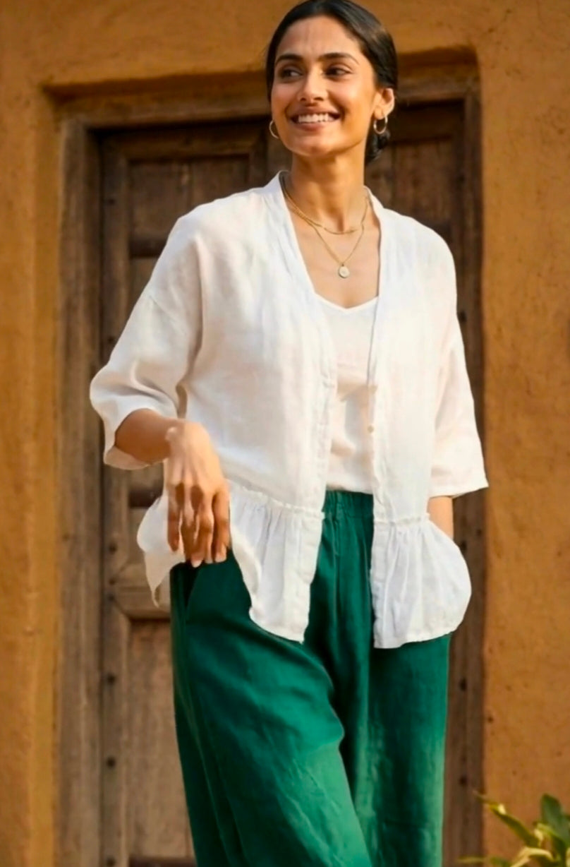 White Pure Linen Shoulder Down Women's Top