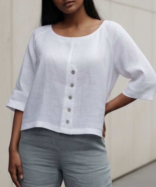 Pure Linen Round Neck Raglan Sleeve Top