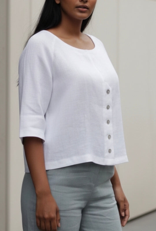 Pure Linen Round Neck Raglan Sleeve Top