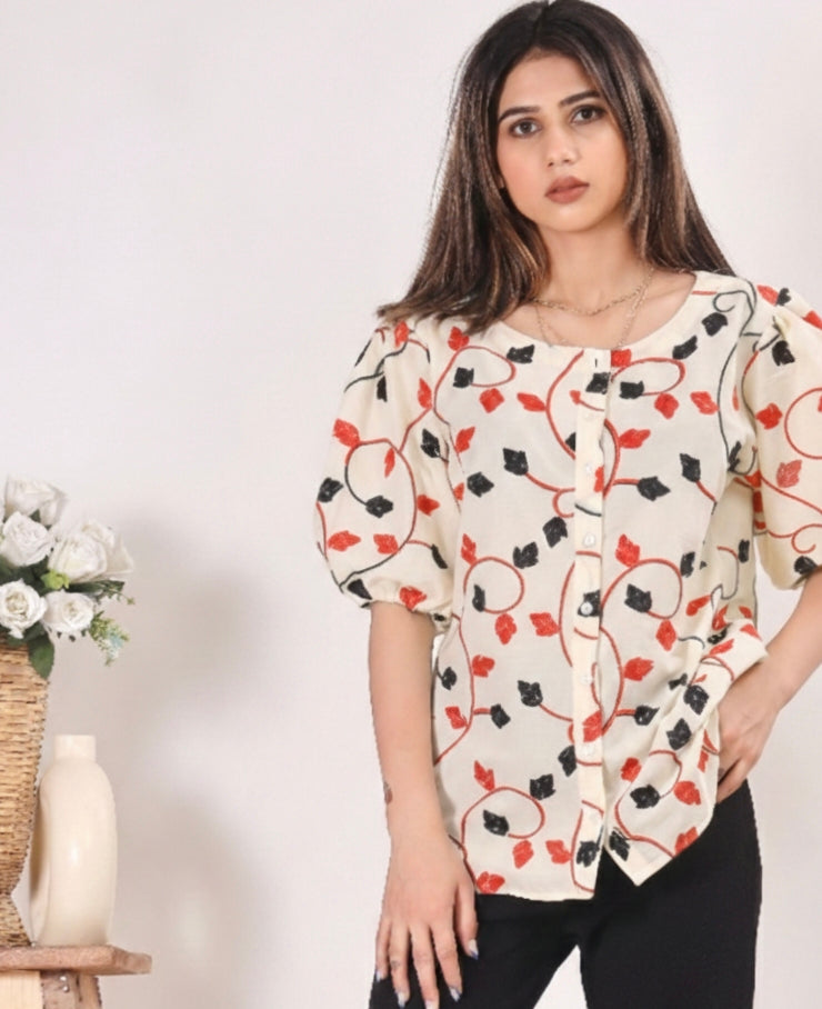 Embroidered Women's Puffed Sleeve Top