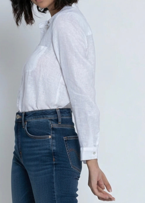 Linen Blend Band Collar Full Shirt with Patch Pocket