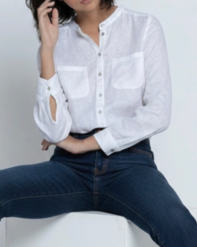 Linen Blend Band Collar Full Shirt with Patch Pocket