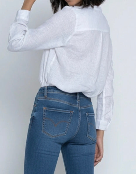 Linen Blend Band Collar Full Shirt with Patch Pocket