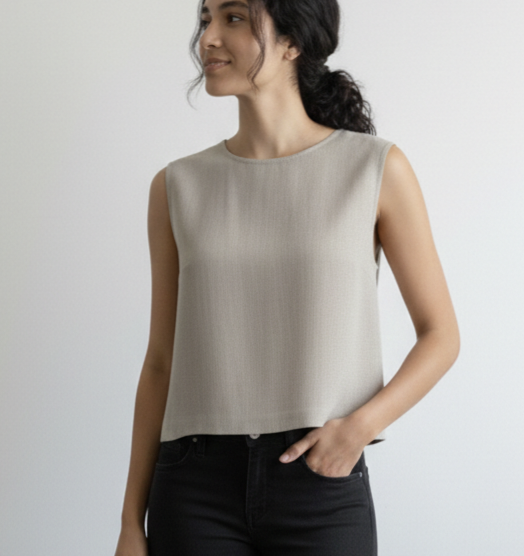 Pure Linen Rounk Neck Top in Natural Shade