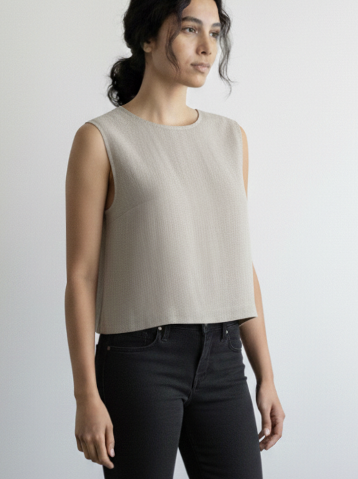Pure Linen Rounk Neck Top in Natural Shade
