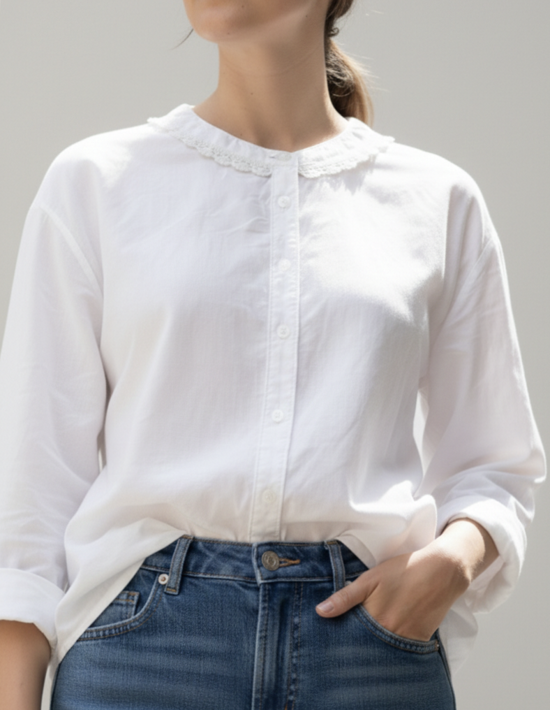 Women's Cotton Laced Band Collar Full Shirt