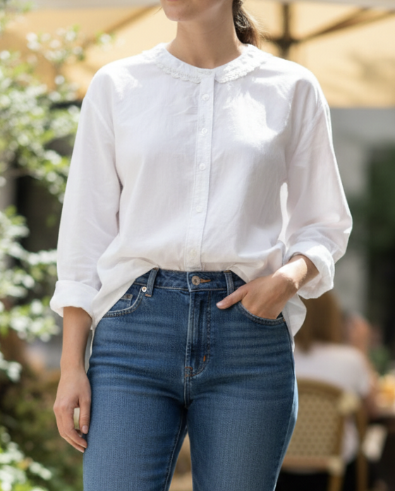 Women's Cotton Laced Band Collar Full Shirt
