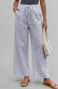 Women's Blue and White Vertical Striped Wide-Leg Trousers with Drawstring Waist