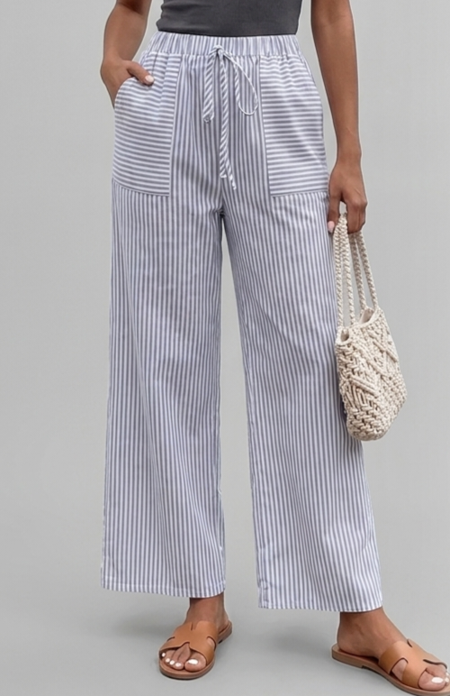 Women's Blue and White Vertical Striped Wide-Leg Trousers with Drawstring Waist