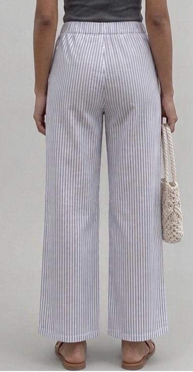 Women's Blue and White Vertical Striped Wide-Leg Trousers with Drawstring Waist