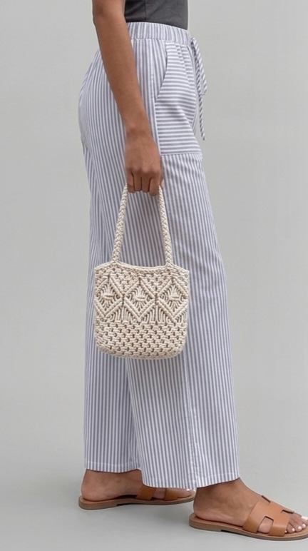 Women's Blue and White Vertical Striped Wide-Leg Trousers with Drawstring Waist