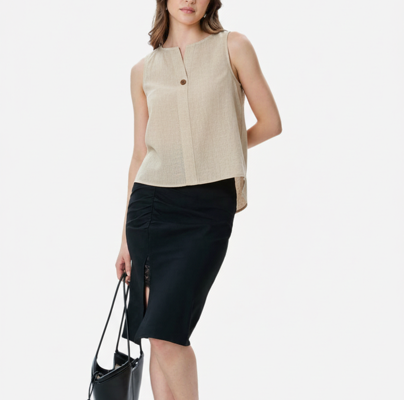 Women Sleeveless Natural Pure Linen-Textured Top | Elegant Button-Down Top