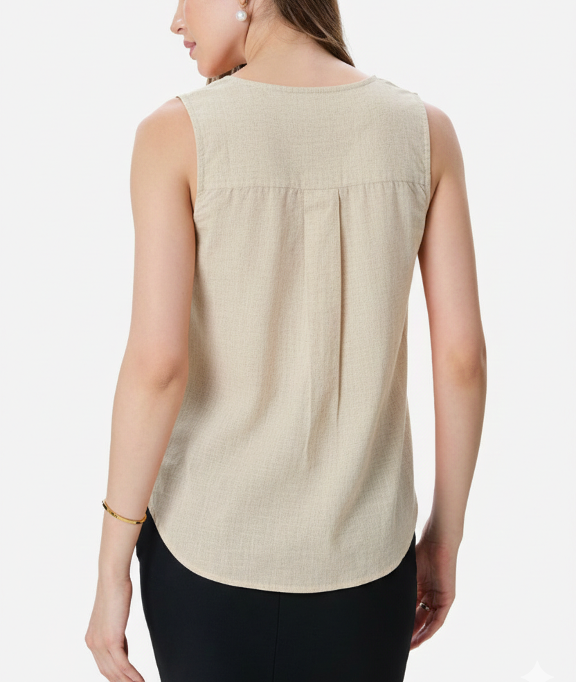 Women Sleeveless Natural Pure Linen-Textured Top | Elegant Button-Down Top