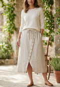 Women’s Cotton-Flex Of White Drawstring Midi Skirt with Side Buttons