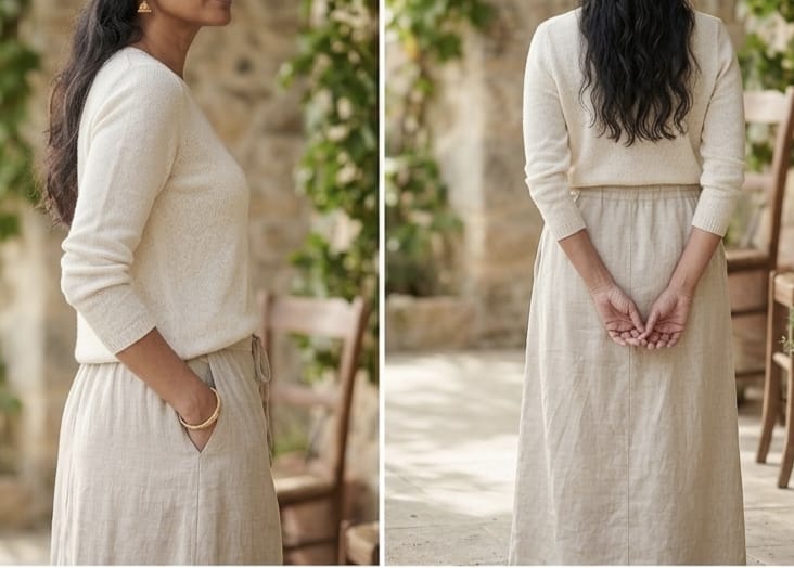 Women’s Cotton-Flex Of White Drawstring Midi Skirt with Side Buttons
