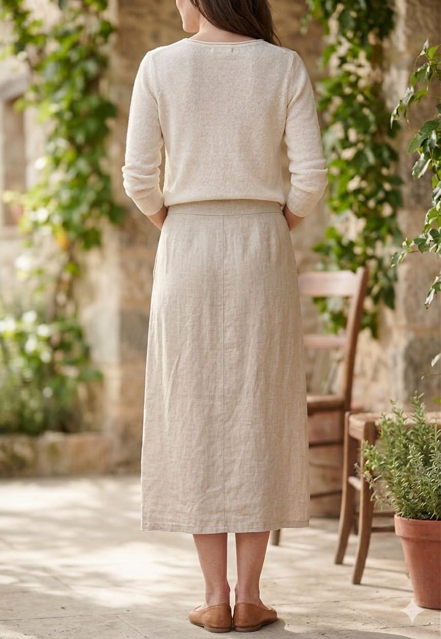 Women’s Cotton-Flex Of White Drawstring Midi Skirt with Side Buttons