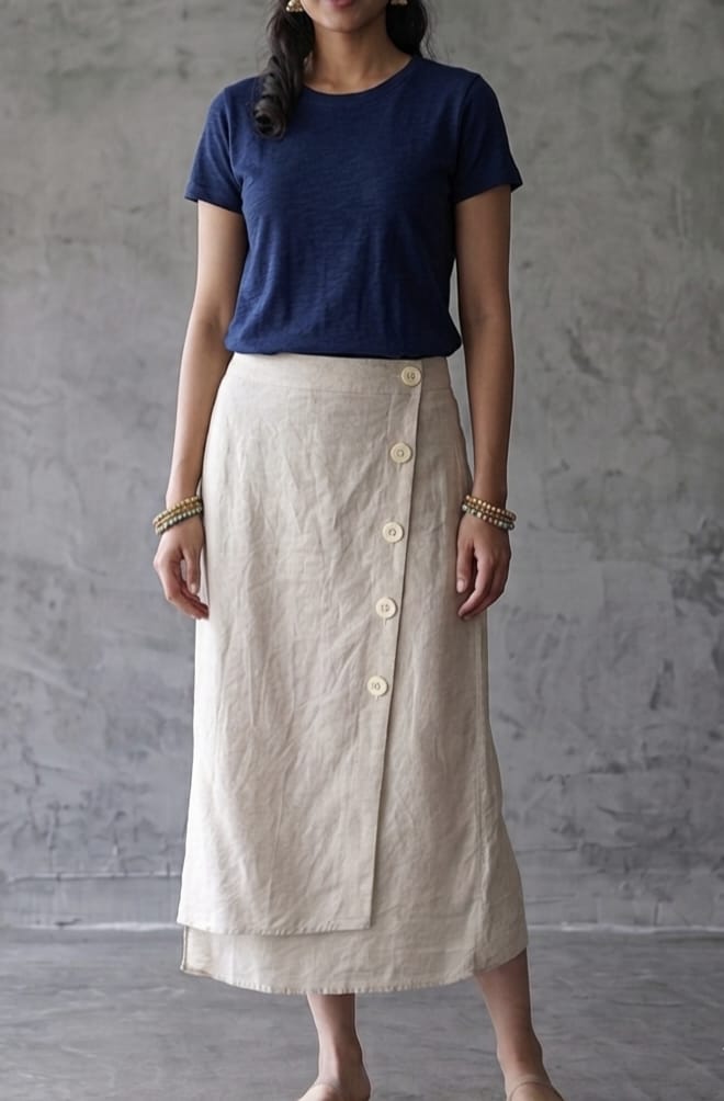Women's Natural Cotton-Flex Wrap Midi Skirt with Side Buttons