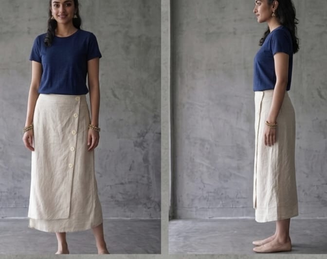 Women's Natural Cotton-Flex Wrap Midi Skirt with Side Buttons