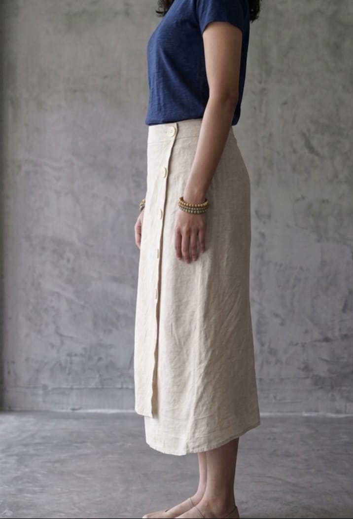 Women's Natural Cotton-Flex Wrap Midi Skirt with Side Buttons