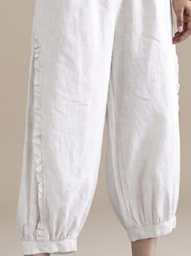 Women Casual Elastic Waist White Cropped Balloon Pants with Half GatherDetail