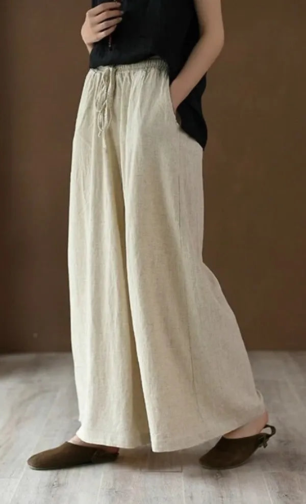 Wide Leg Tie-Up Cotton Flex Pant- Ivory
