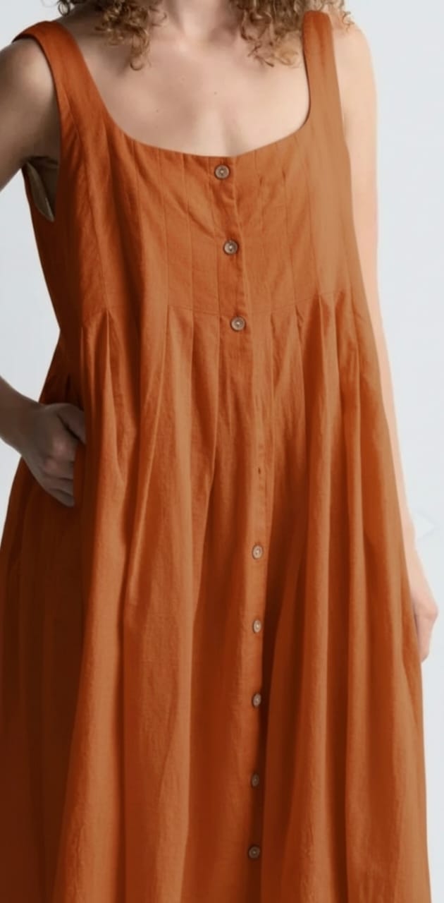 Women Orange Pleated Button-Down Midi Dress