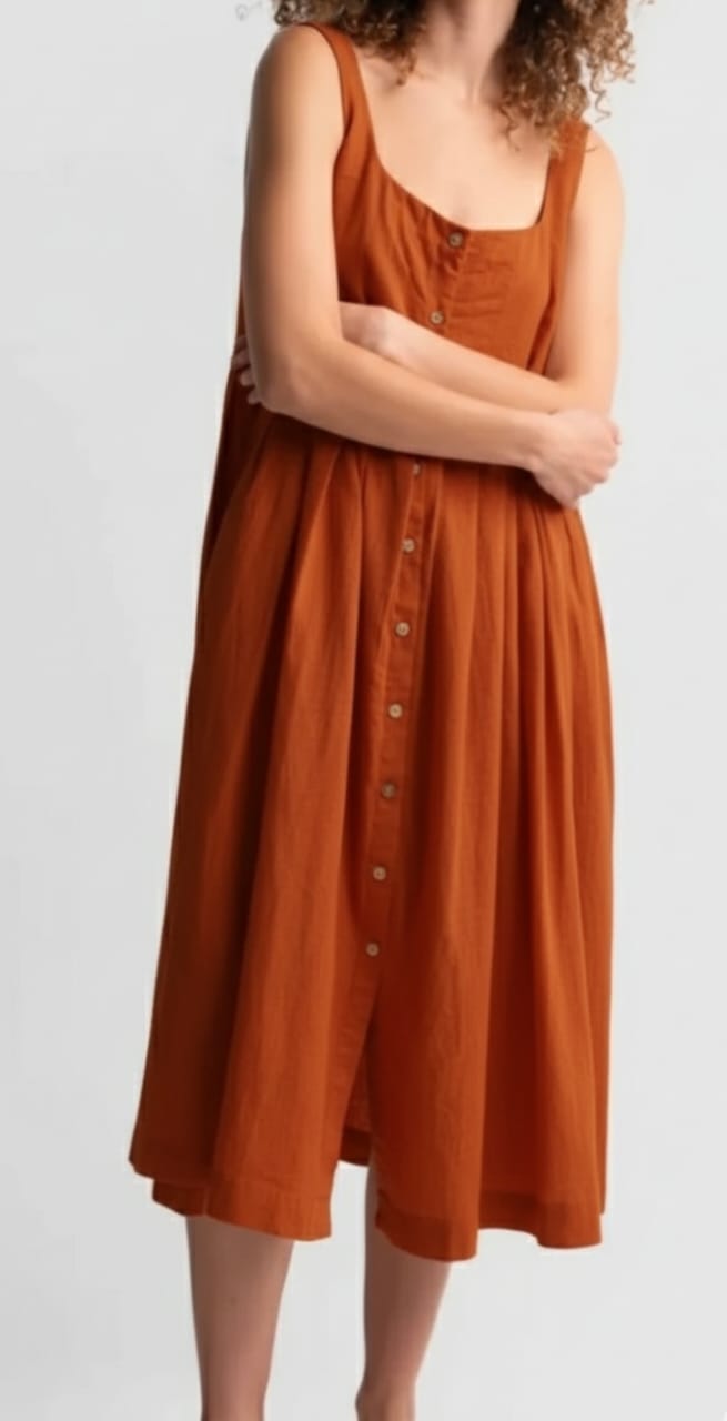 Women Orange Pleated Button-Down Midi Dress
