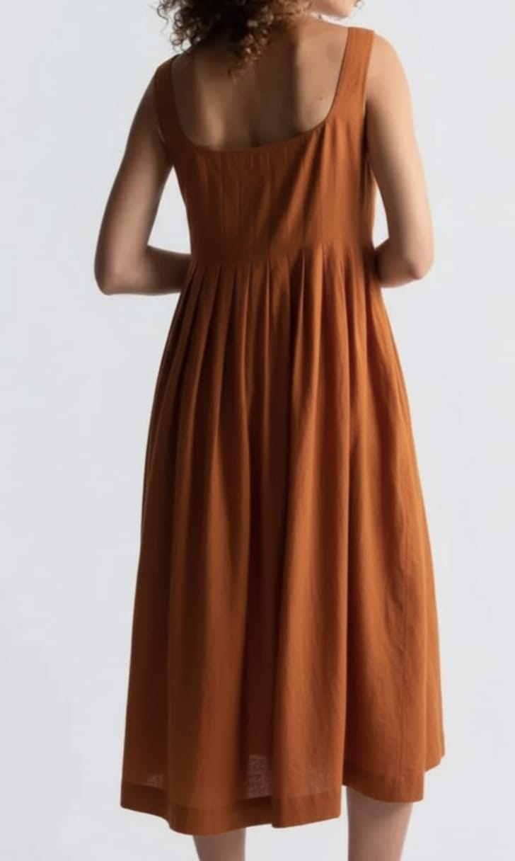 Women Orange Pleated Button-Down Midi Dress