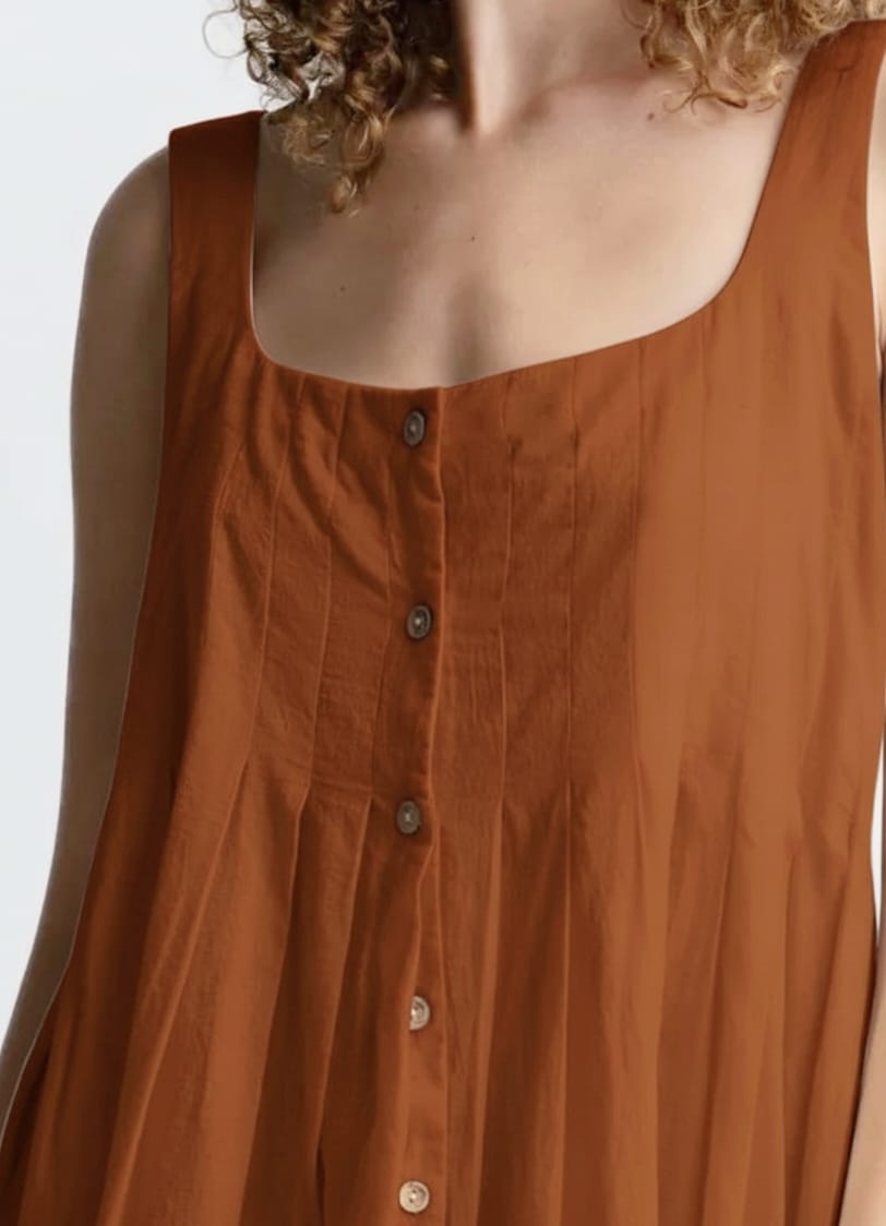 Women Orange Pleated Button-Down Midi Dress
