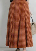 Women Elegant Cotton Panelled Orange Check Skirt with Elastic Waistband