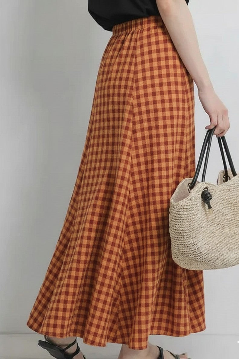 Women Elegant Cotton Panelled Orange Check Skirt with Elastic Waistband