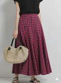 Women Elegant Cotton Panelled Magenta Check Skirt with Elastic Waistband