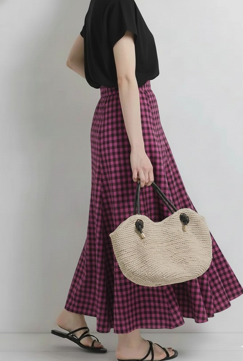 Women Elegant Cotton Panelled Magenta Check Skirt with Elastic Waistband