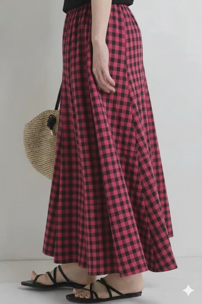 Women Elegant Cotton Panelled Magenta Check Skirt with Elastic Waistband