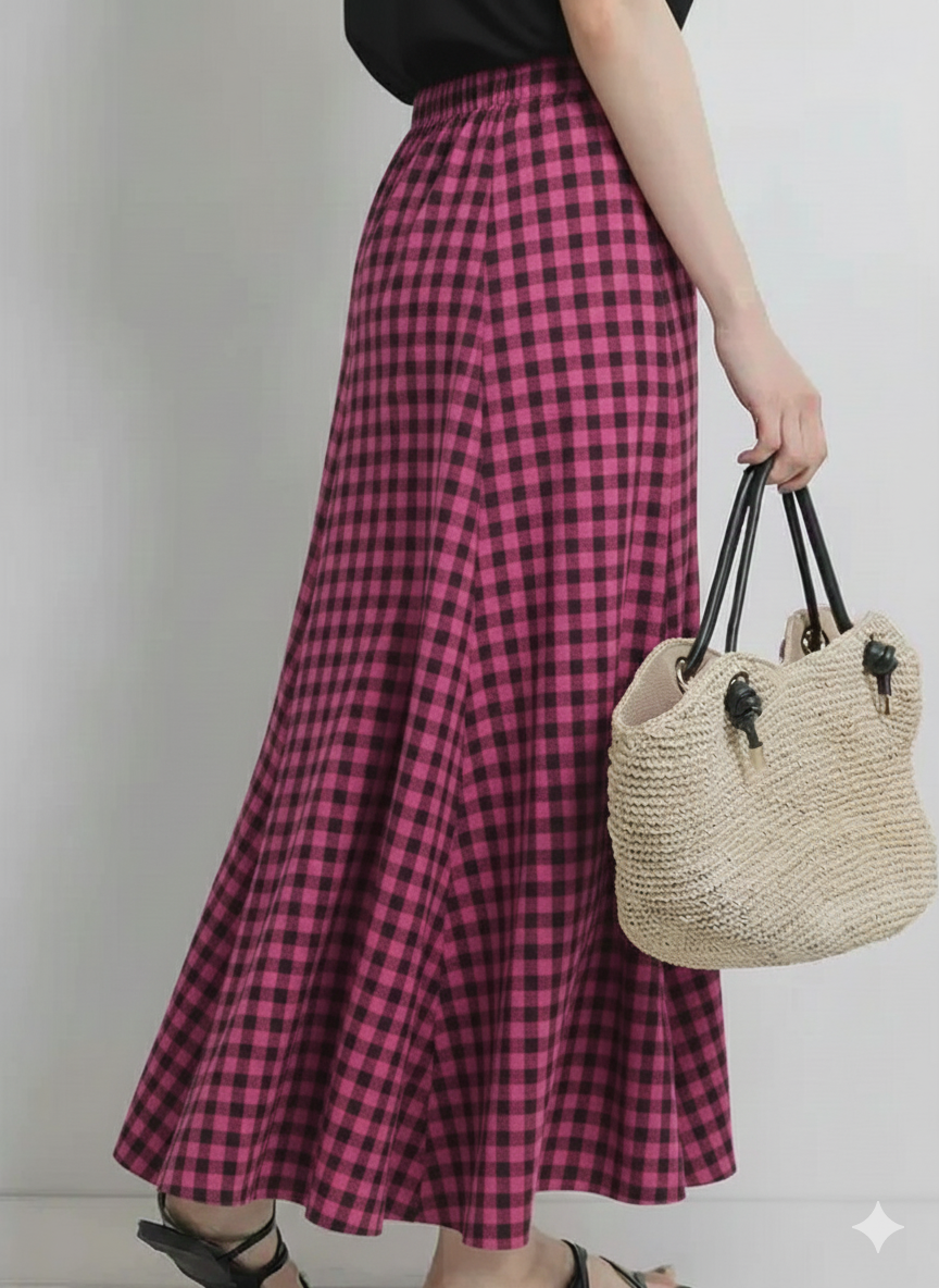 Women Elegant Cotton Panelled Magenta Check Skirt with Elastic Waistband