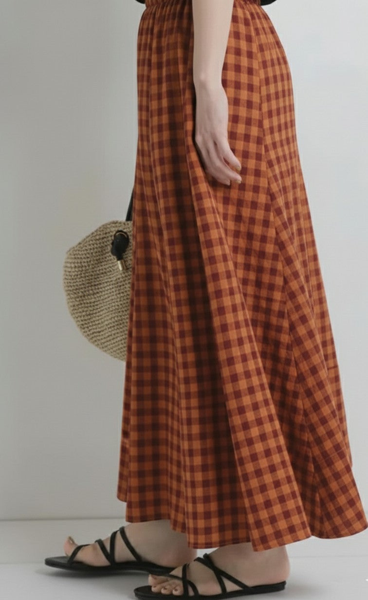 Women Elegant Cotton Panelled Orange Check Skirt with Elastic Waistband