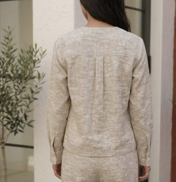 Women's Natural Linen-Blend Button-Down Shirt in Natural Oat